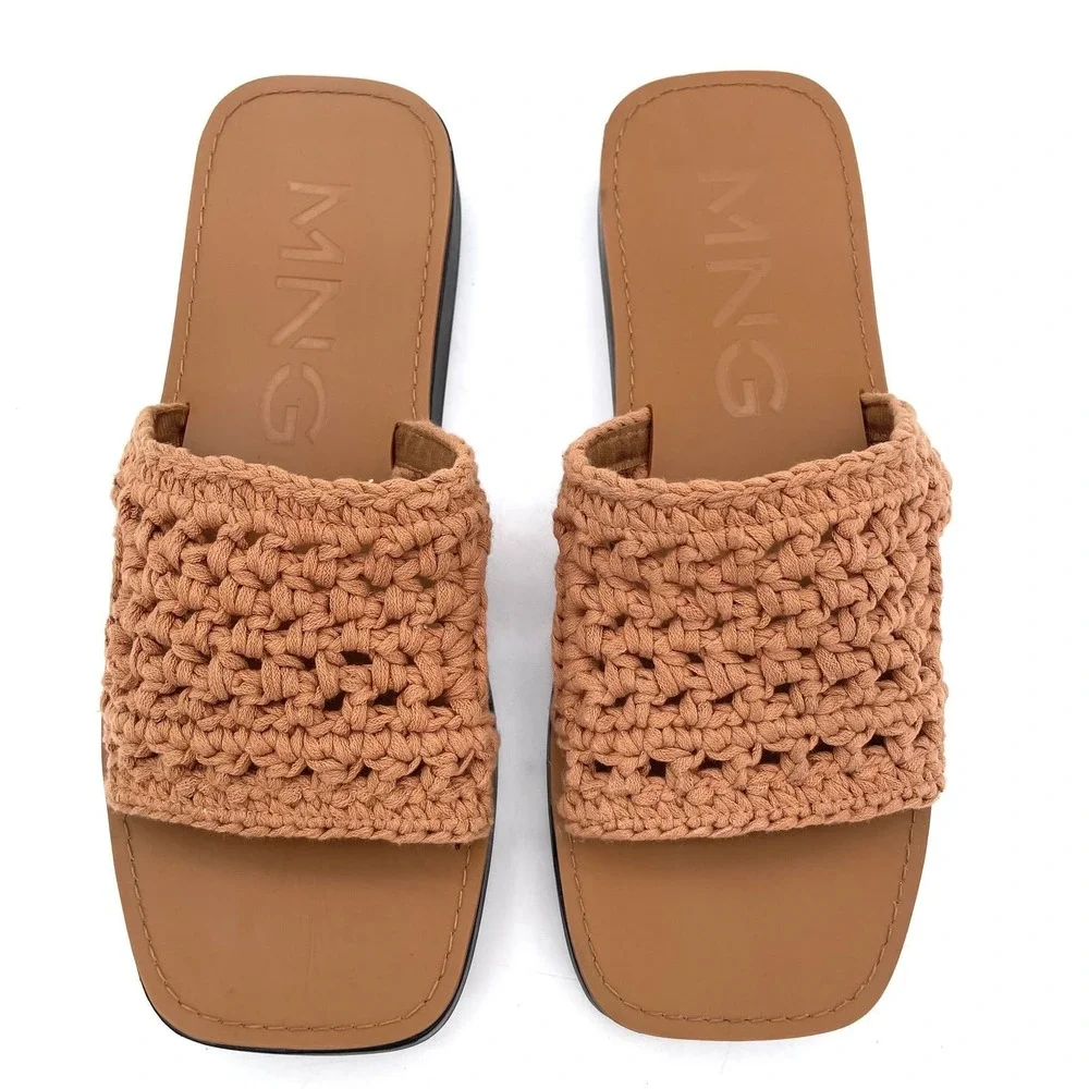 Mango MNG Braided Crochet Platform Slide Sandals Tan Brown Size EU 41 US 10